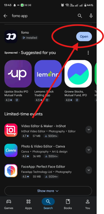 CLICK AND OPEN FOMO APP
